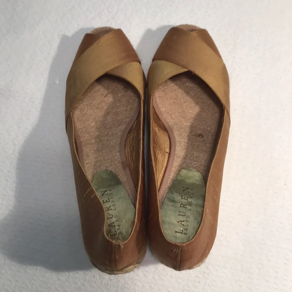 Ralph Lauren Cecilia Espadrille straw wedge heels, size 10. golden yellow orange